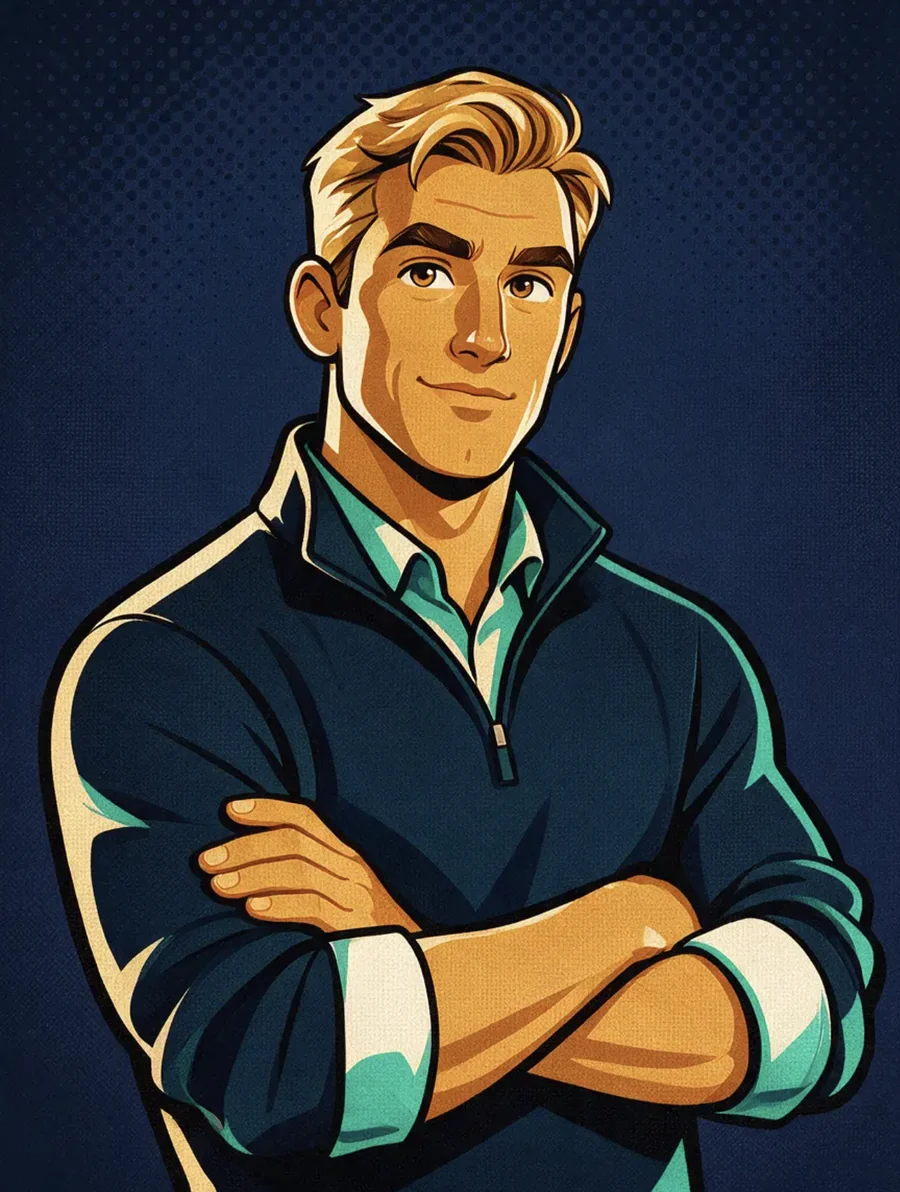 Atlantic Coast's original illustrated broker character, with swept blond hair and a navy quarter-zip.